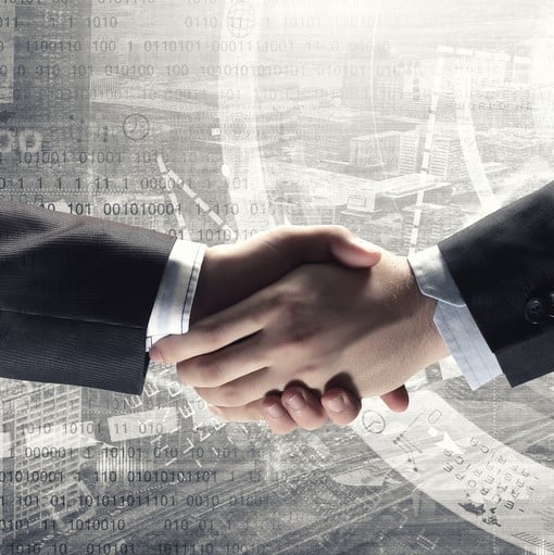 Close up of business handshake on digital background1x1