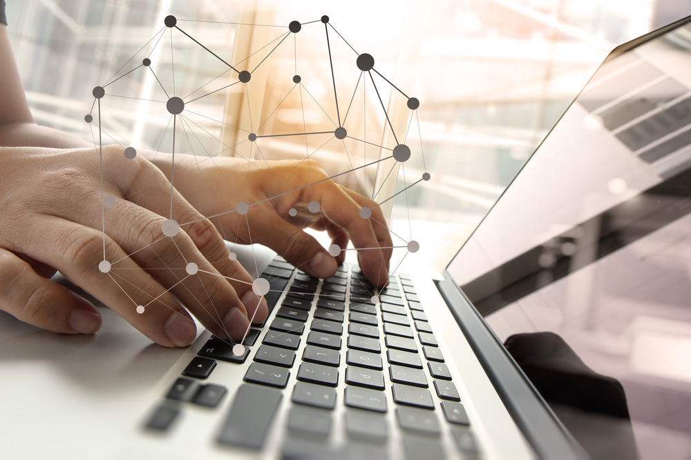 Double exposure of business man hand working on blank screen laptop computer on wooden desk as concept with social media diagram-3